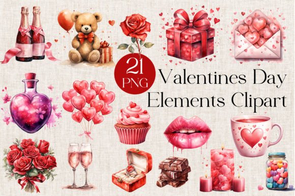 Romantic Valentine Watercolor Clipart Set