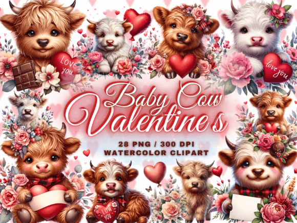 Valentine’s Highland Cow Clipart Set