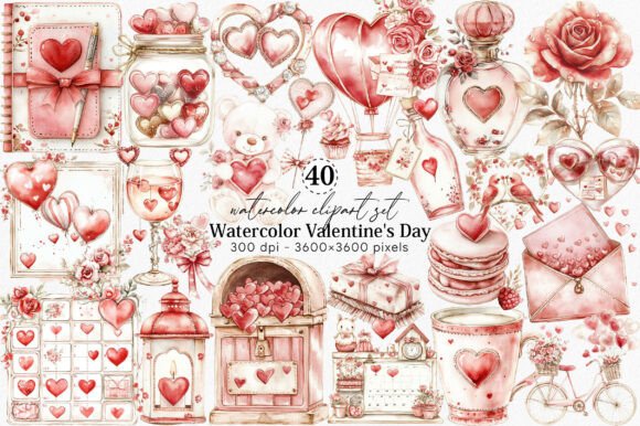 Romantic Watercolor Valentine Clipart Set
