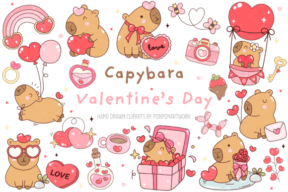 Hippie Capybara Valentine's Clipart Collection