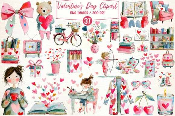 Valentine's Day Watercolor Clipart Set
