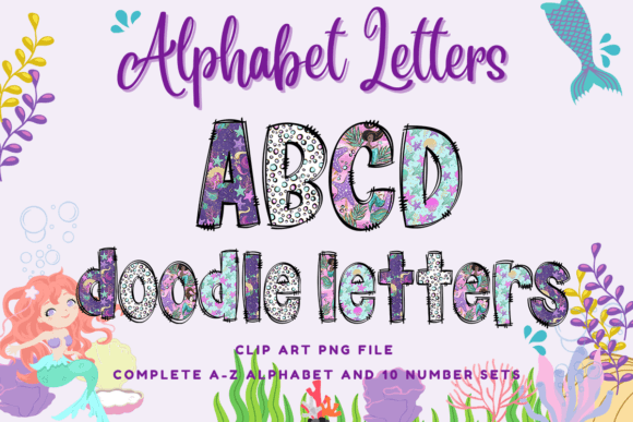 Mermaid Doodle Alphabet Clipart Set