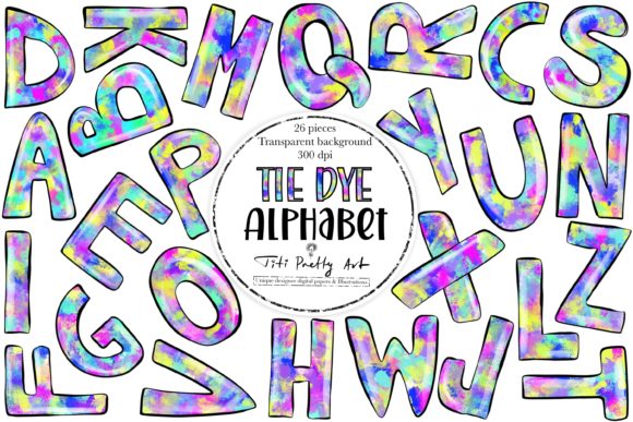 Vibrant Tie Dye Doodle Alphabet Clipart