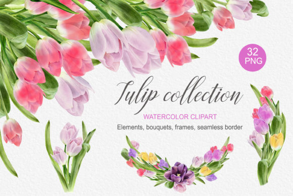 Hand-Painted Watercolor Tulip Bouquet Collection