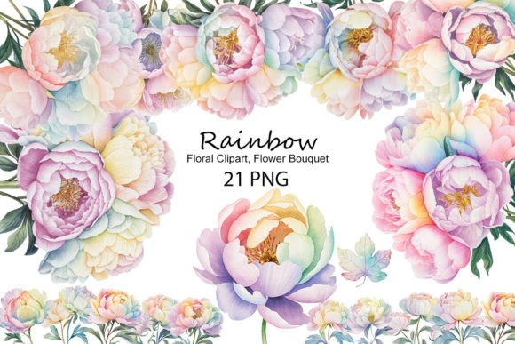 Vibrant Rainbow Flower Bouquet Clipart Set