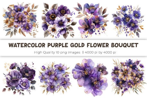 Elegant Purple and Gold Floral Watercolor PNGs