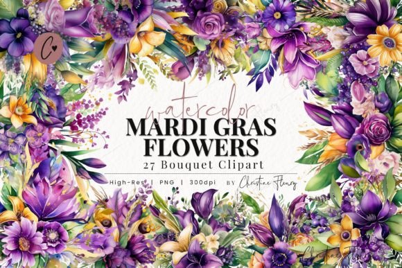Mardi Gras Watercolor Flower Clipart