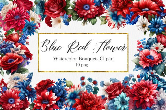 Blue and Red Floral Watercolor Clipart Set