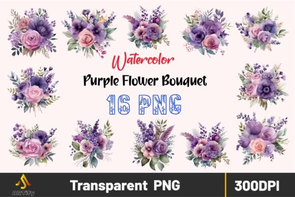 Purple Floral Watercolor Clipart Bundle