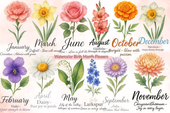 Hand-Painted Birth Month Flower Clipart Bundle