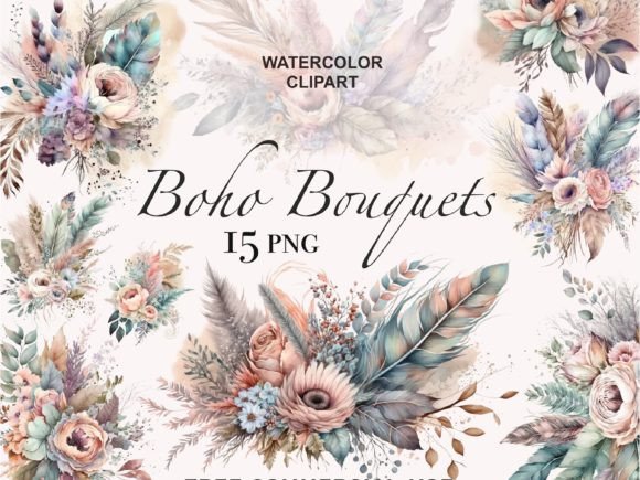 Boho Floral Watercolor Clipart Collection