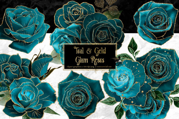 Teal and Gold Rose Clipart Collection