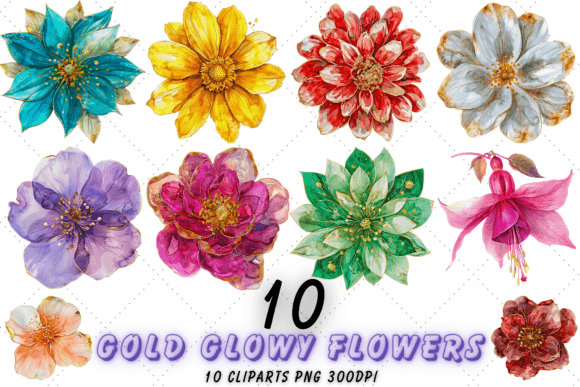 Gold Glowy Watercolor Flower PNG Bundle