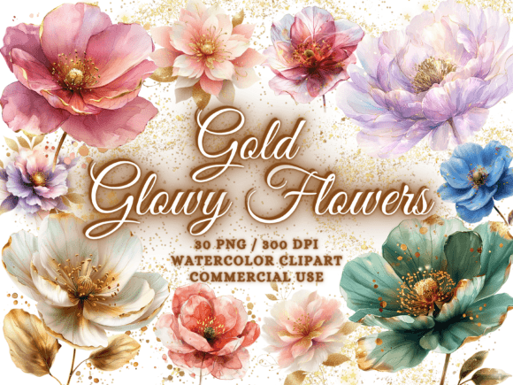 Watercolor Gold Floral Clipart Collection