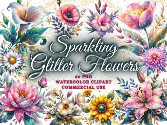 Watercolor Glitter Floral Clipart Collection