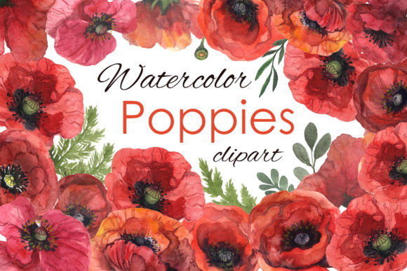 Peach Watercolor Poppy Floral Clipart Set