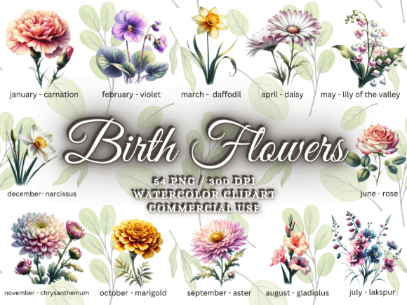 Watercolor Birth Month Flower Collection