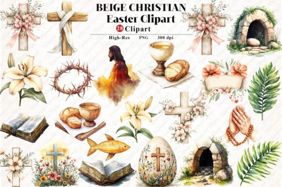 Beige Christian Easter Watercolor Clipart Set