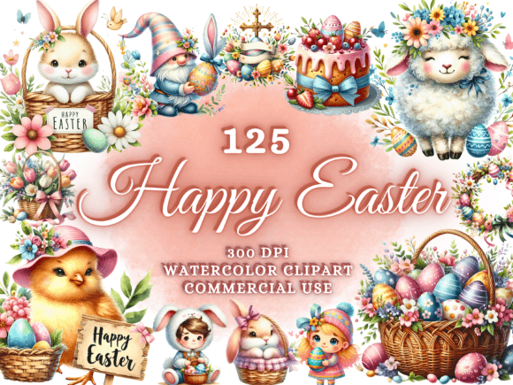 125 Watercolor Easter Clipart Collection