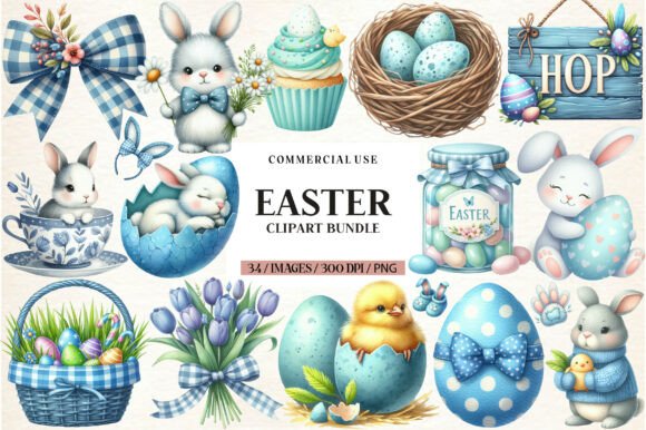 Blue Watercolor Easter Clipart Pack