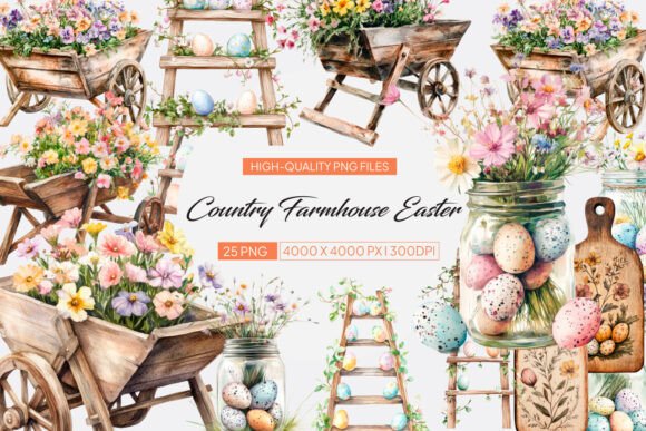 Watercolor Farmhouse Easter Clipart Set