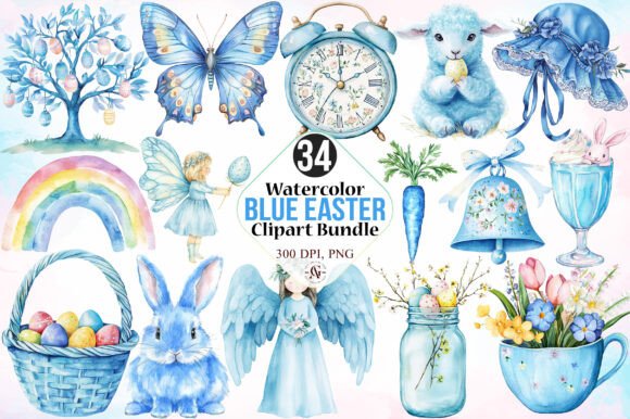Blue Easter Watercolor Clipart Collection