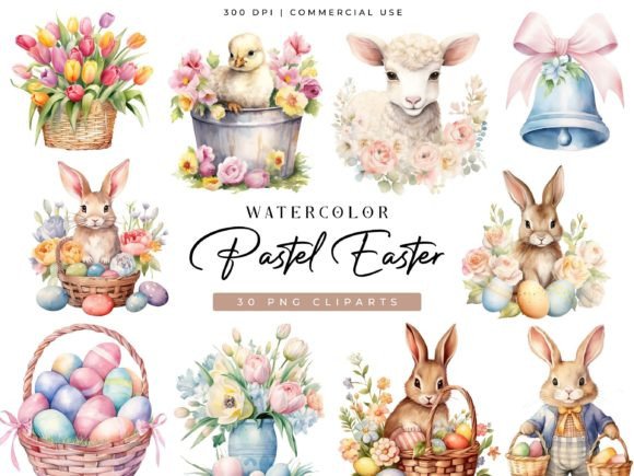 Watercolor Pastel Easter Clipart Set
