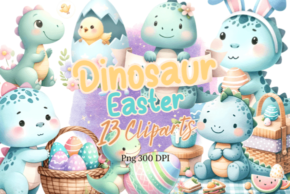 Dinosaur Easter Watercolor Clipart Set