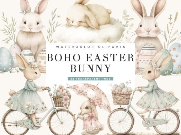 Boho Easter Bunny Watercolor Clipart Set