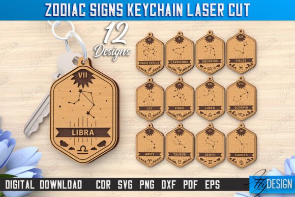 Zodiac Keychain Laser-Cut Set — 12 Astrology Designs