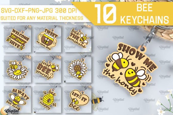 Bee Keychains Laser Cut Bundle — 10 Cut File Designs