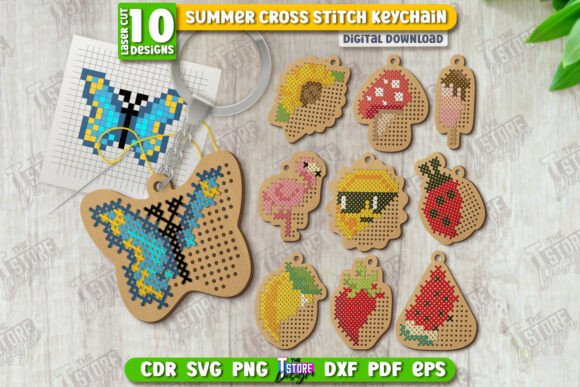 Summer Cross Stitch Laser-Cut Keychain Bundle
