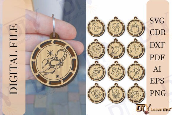 Laser-Cut Wooden Zodiac Keychain Set