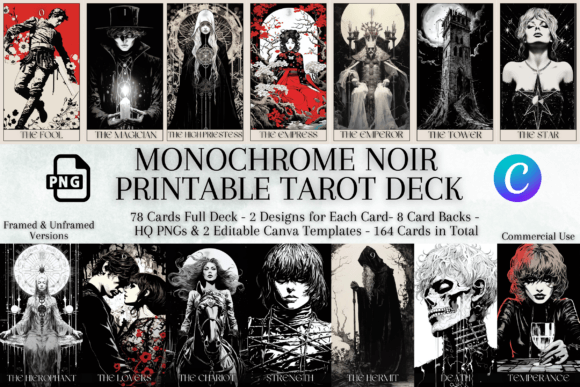 Monochrome Noir Tarot Deck with Customizable Designs