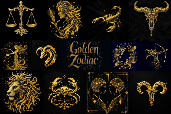 Elegant Golden Zodiac Clip Art Set