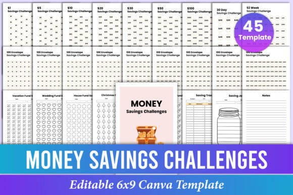 Editable Money Savings Challenges Bundle Canva Templates