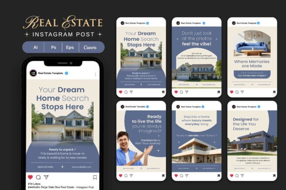 Beige Slate Blue Real Estate Post Templates