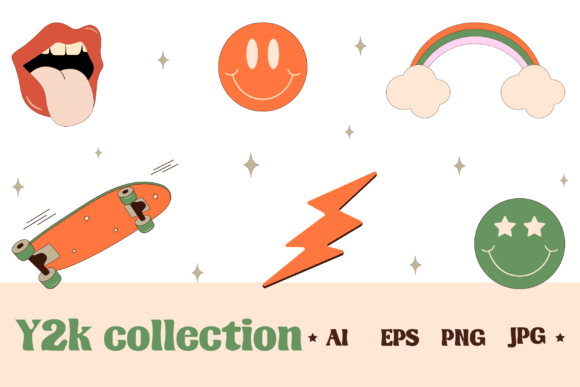 Retro Y2K Cartoon Sticker Pack Vector Set