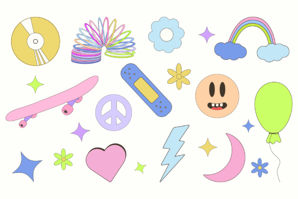 Retro Y2K Cartoon Sticker Vector Set