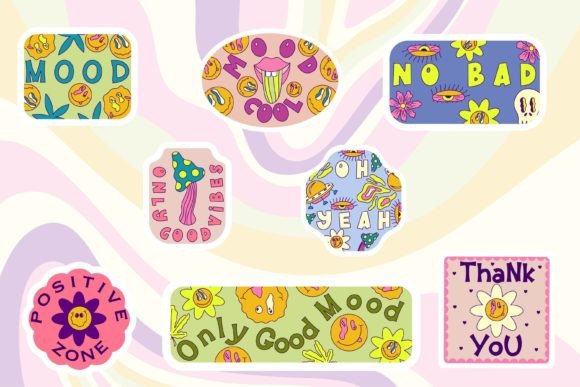 Trippy Retro Smiley Sticker Vector Set