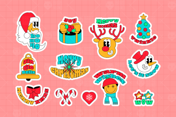 Retro Christmas Y2K Cartoon Sticker Vector Pack