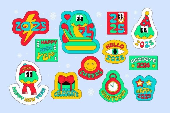 Retro Y2K New Year 2025 Cartoon Sticker Set