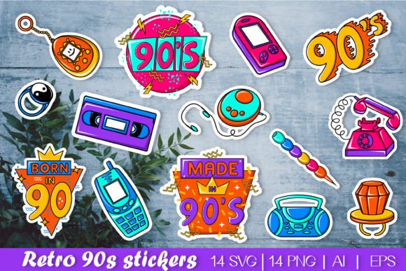 Retro 90s Hippie Butterfly Sticker Clipart Set