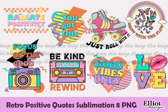 Retro 90s Positive Quotes PNG Clipart Set