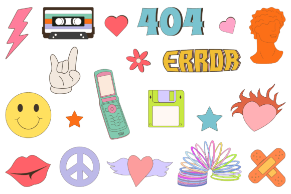 Retro Y2K Cartoon Sticker Pack Vector Set