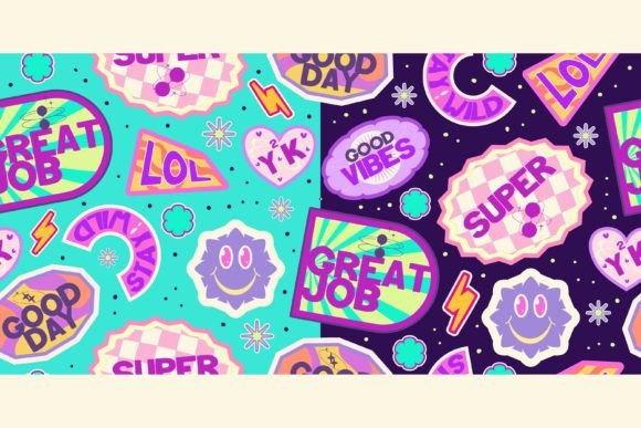 Y2K Seamless Retro Sticker Pattern in Purple and Pink