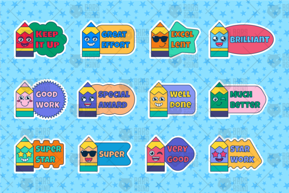 Cartoon School Reward Motivational Sticker Vector Set