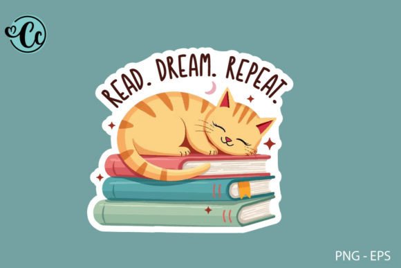 Read Dream Repeat Cat Book Lover Sticker PNG & EPS