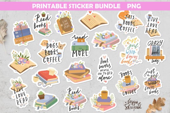 Book Lover Printable Sticker PNG Bundle
