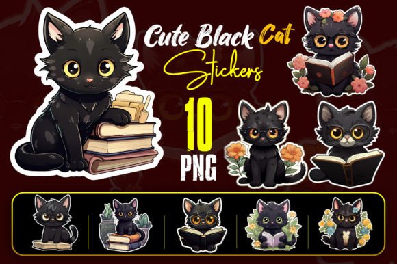 Cute Black Cat and Books Sticker PNG Set